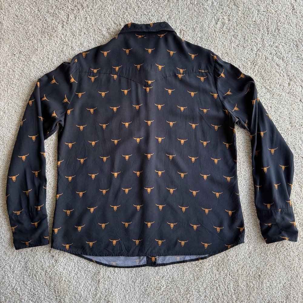 Stetson Western Shirt Womens Large Black Longhorn Skull Print Button Up Rayon - Picture 6 of 10
